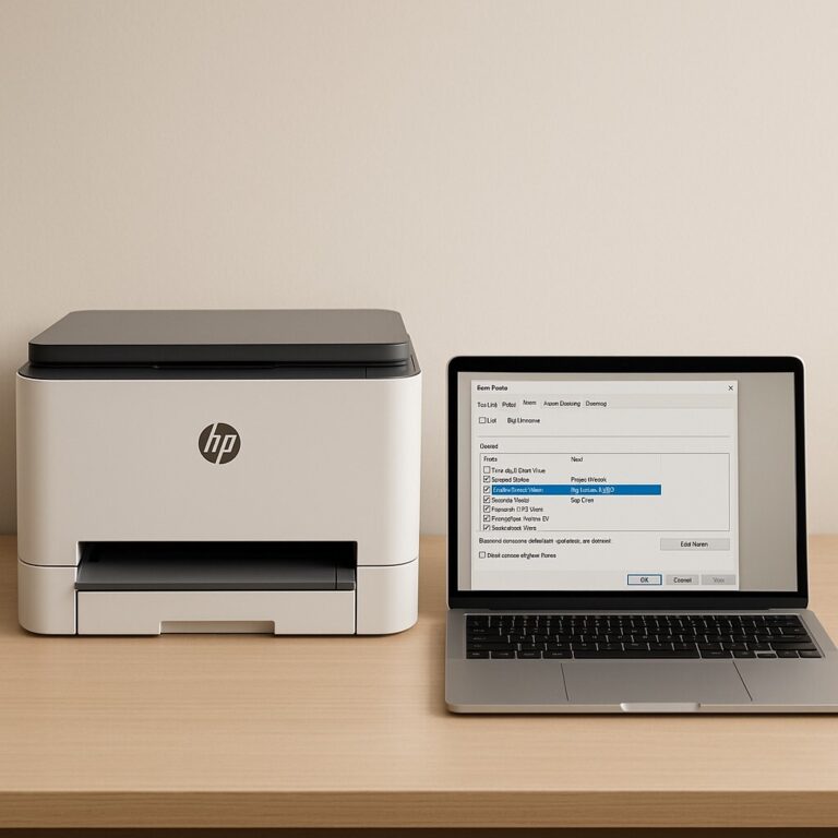 HP 프린터 TCP/IP 9100 포트 설정 화면이 열린 노트북과 HP 프린터가 배치된 모습