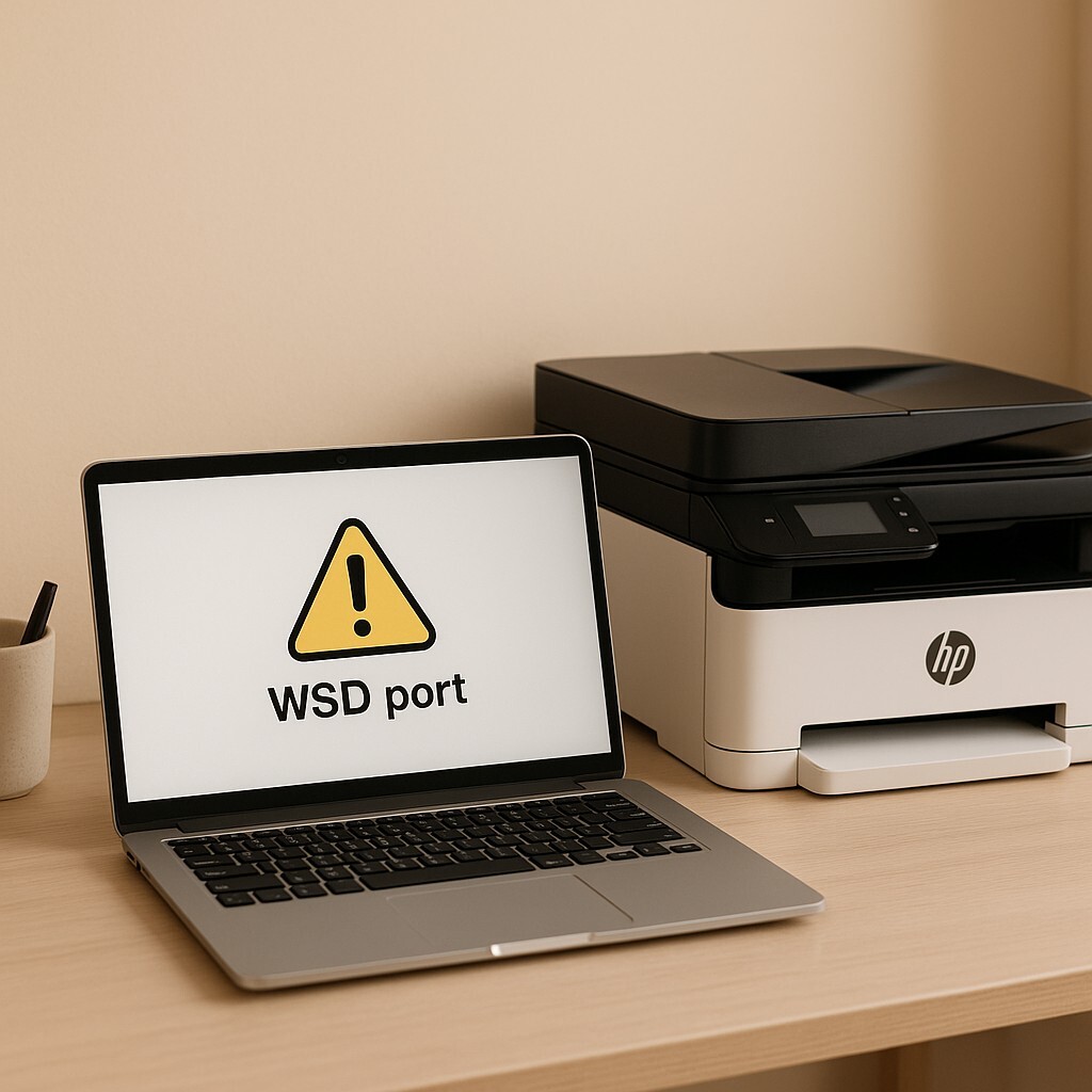 HP 프린터 WSD 연결 지연을 확인하는 노트북과 프린터가 놓인 작업 공간