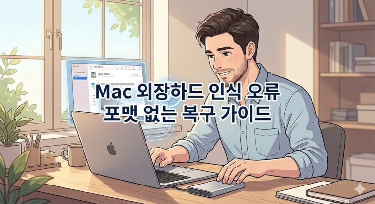 Mac 외장하드 인식 오류 상황에서 디스크 유틸리티를 활용해 드라이브를 정상 복구하는 모습