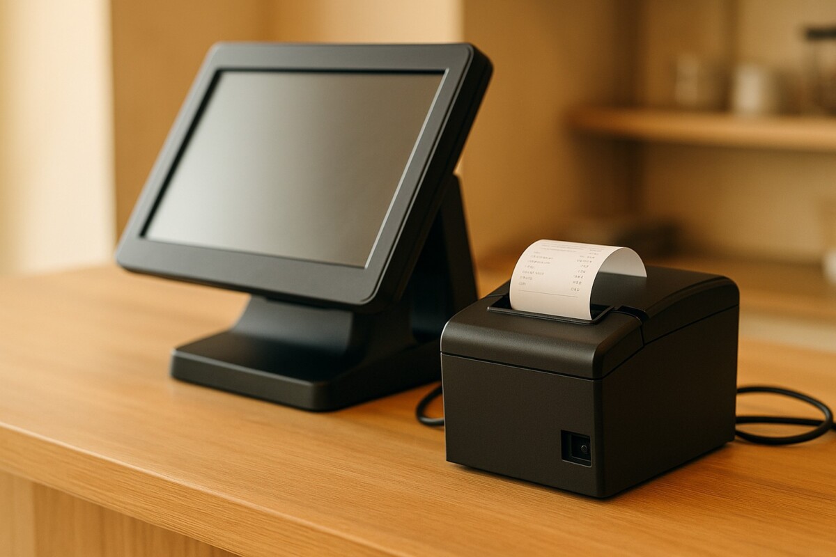 pos 드라이버 재설치가 필요한 상황을 보여주는 pos 단말기와 영수증 프린터 장면