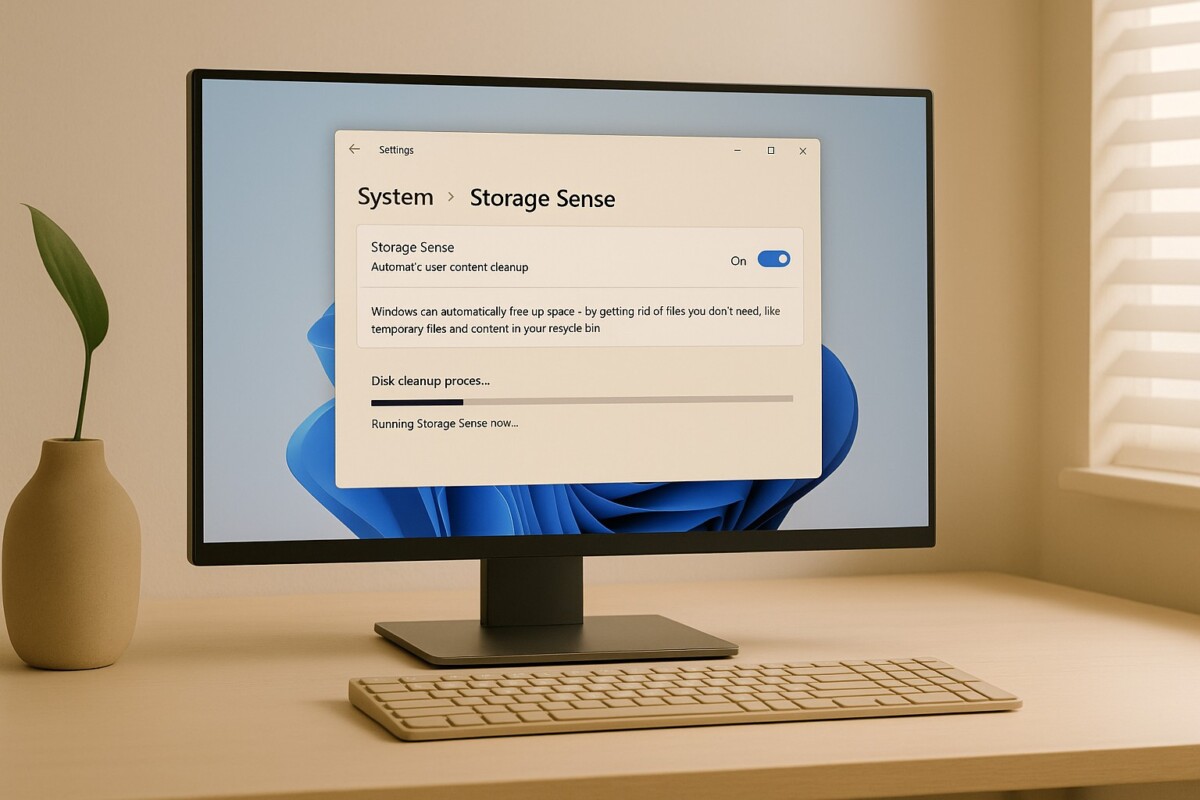 Windows 11 캐시 정리 및 속도 향상 팁, 저장소 센스 기능으로 임시 파일을 정리해 PC 속도를 개선하는 장면