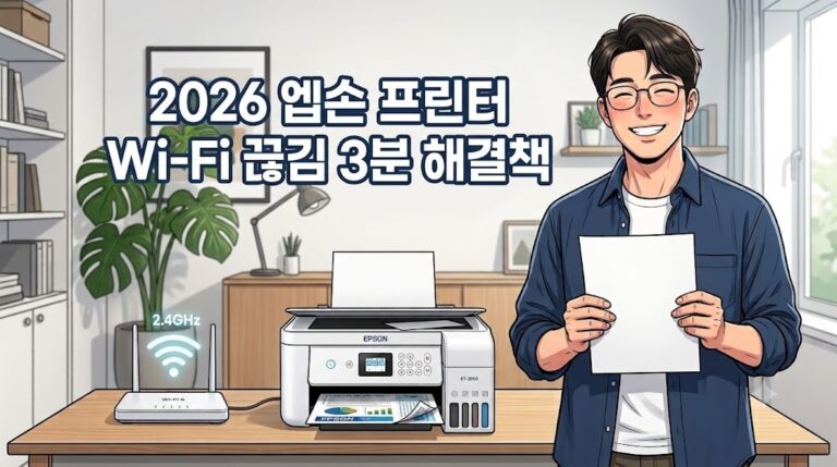 Epson Wi-Fi 끊김 문제를 해결하기 위해 2.4GHz 무선 와이파이를 연결하고 인쇄에 성공하여 기뻐하는 모습