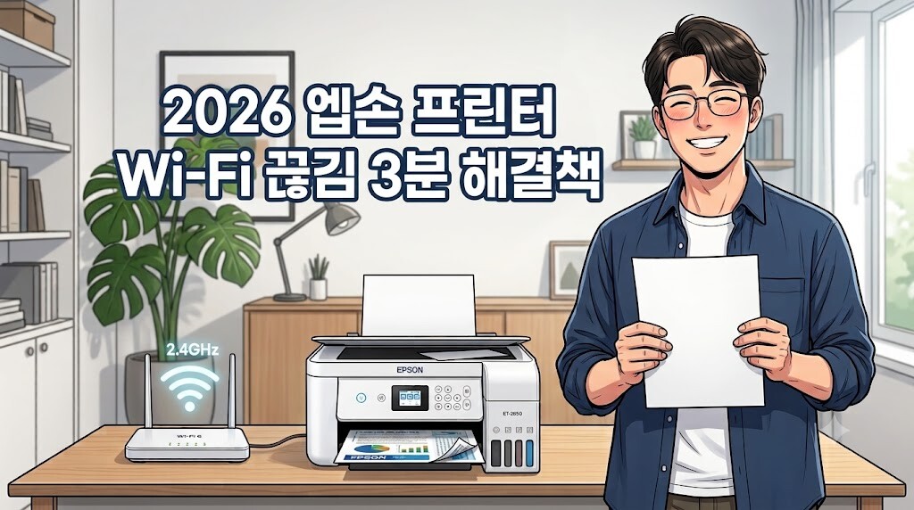 Epson Wi-Fi 끊김 문제를 해결하기 위해 2.4GHz 무선 와이파이를 연결하고 인쇄에 성공하여 기뻐하는 모습