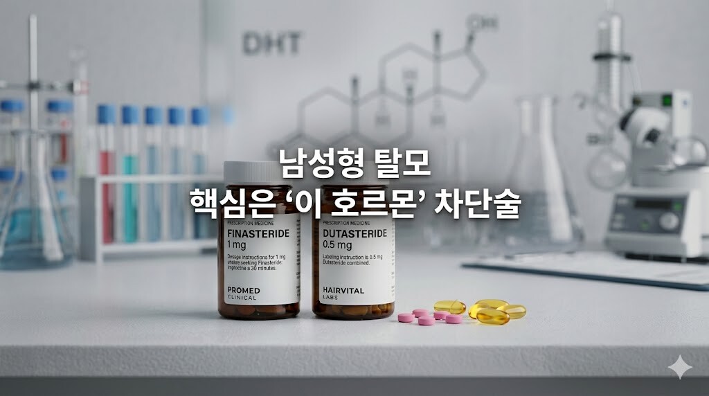 남성형 탈모 치료를 위해 DHT 차단을 돕는 피나스테리드와 두타스테리드 약물 비교 사진