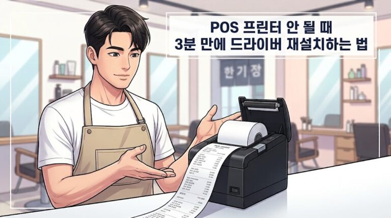POS 프린터 안 될 때 장치 관리자 오류를 해결하기 위해 드라이버 재설치를 진행하는 화면 설명
