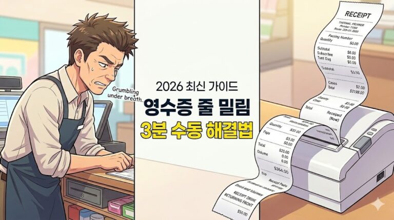 영수증 프린터 줄 밀림 오류를 3분 만에 직접 고치는 수동 해결법을 안내하는 웹툰풍 블로그 대표 이미지