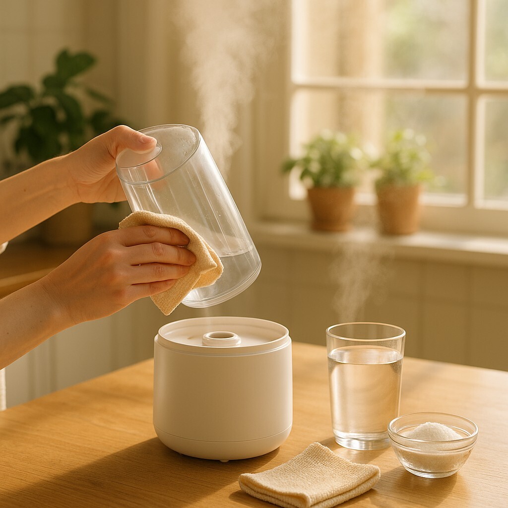 햇살이 드는 부엌 창가에서 가습기 물때를 제거하는 장면