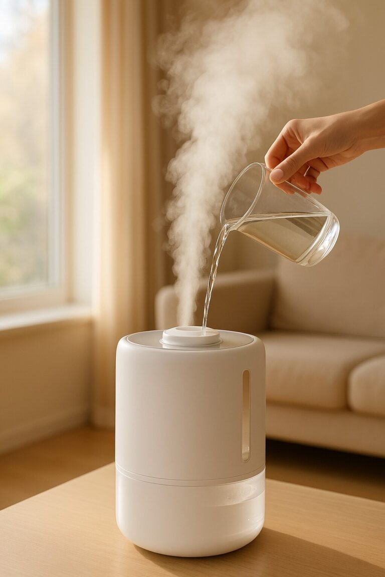 가습기 수돗물 주입 장면, 햇살이 비치는 거실에서 따뜻한 수증기가 퍼지는 프리미엄 홈 위생 이미지