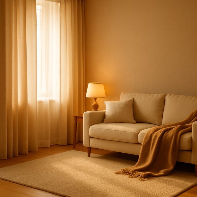 겨울 난방비 절약 습관, 보일러 온도 조절로 따뜻한 거실 유지하는 장면. 커튼과 러그로 열 손실을 막는 포근한 실내 공간.