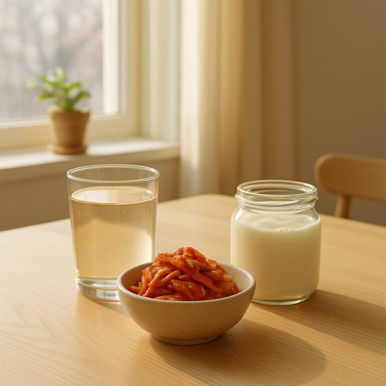 겨울 면역력 장 건강 – 요거트와 김치, 따뜻한 물이 놓인 테이블