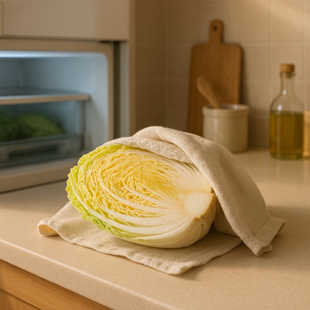 겨울 배추 보관을 위해 반으로 자른 배추 단면을 키친타월로 덮어 둔 모습