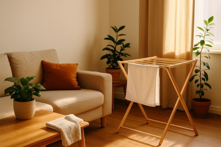 겨울 습도 유지법, 따뜻한 거실에서 식물과 젖은 수건으로 자연스럽게 습도를 유지하며 공기의 균형을 만드는 장면