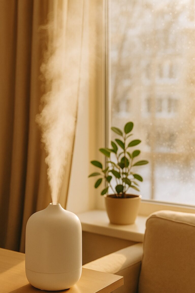 겨울 실내 습도 조절 장면, 햇살이 드는 거실에서 수증기가 퍼지고 식물이 놓인 따뜻한 이미지