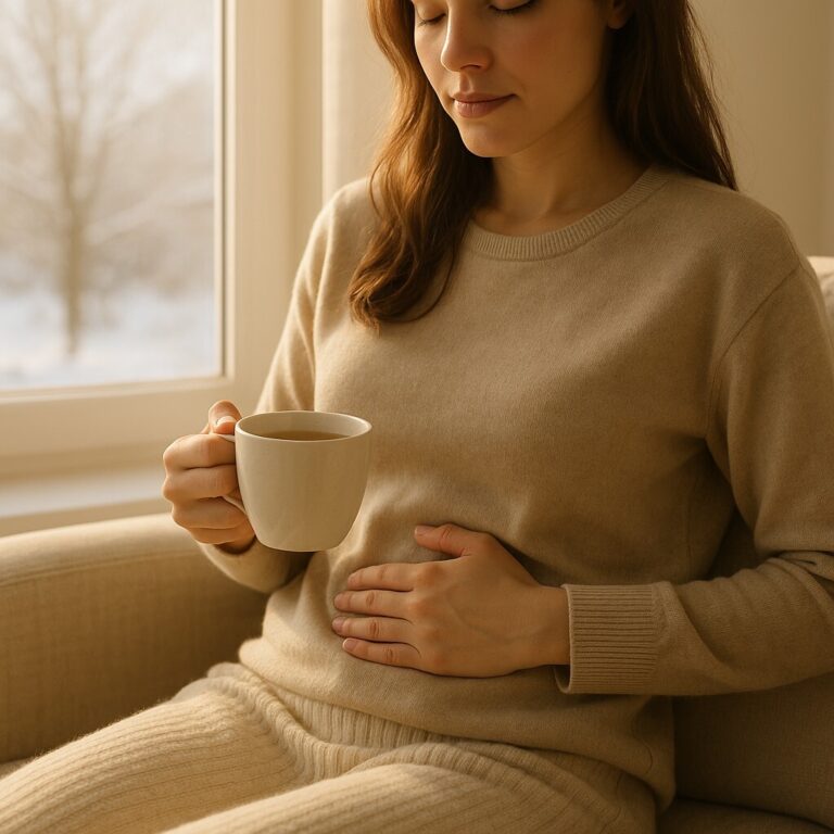 겨울 장 건강, 따뜻한 차와 햇살 속에서 장의 회복과 면역력 균형을 표현한 이미지