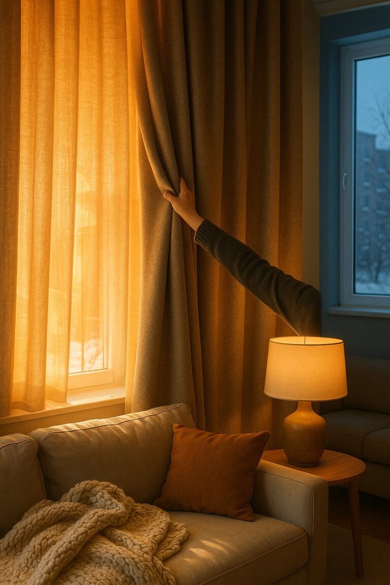 겨울 커튼을 닫아 실내 온도를 따뜻하게 유지하는 거실 모습