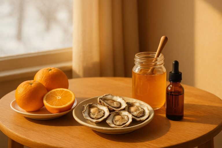 겨울철 감기 예방에 좋은 음식 비타민C 아연 프로폴리스, 따뜻한 겨울 햇살 아래 귤·굴·꿀·프로폴리스 드롭스가 놓인 프리미엄 건강 라이프스타일 이미지