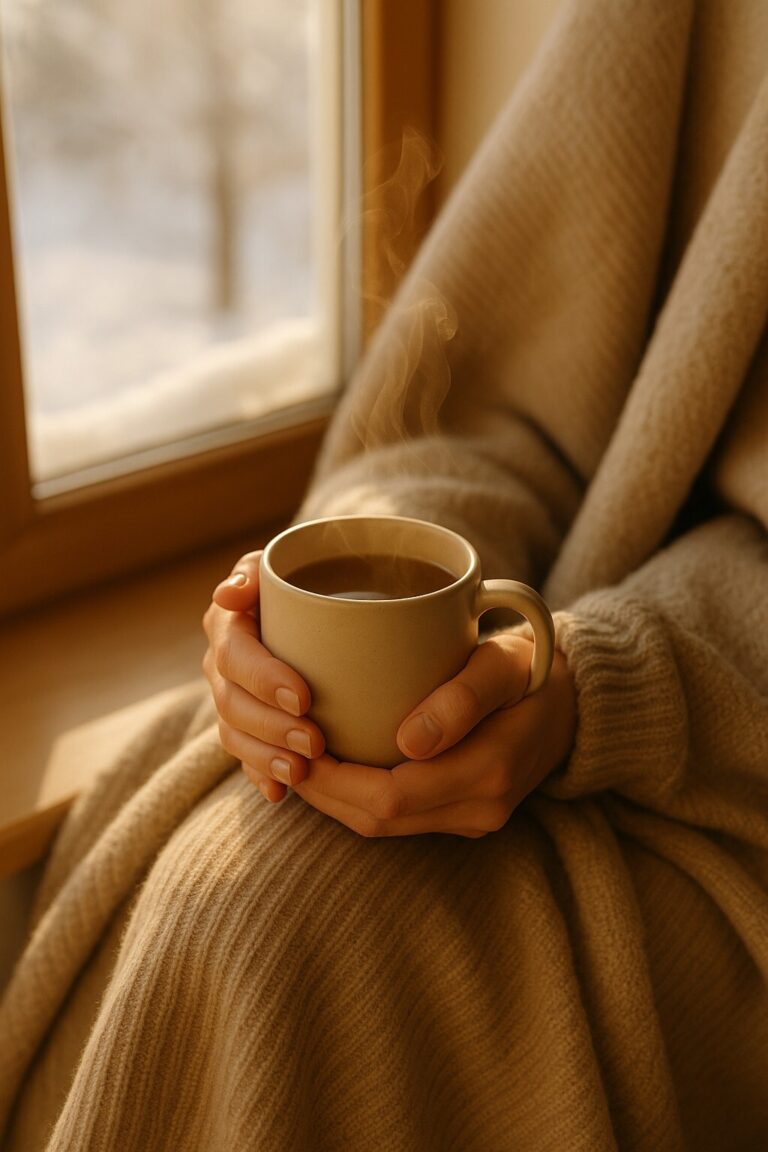 겨울철 피로와 몸의 신호를 상징하는 따뜻한 베이지톤 프리미엄 건강 이미지, 차 한 잔과 담요가 어우러진 장면