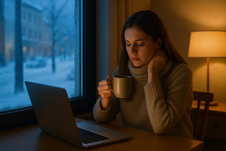 차가운 겨울 거리와 따뜻한 실내의 온도 차이를 통해 체온 1도의 변화와 겨울피로의 에너지 균형을 상징적으로 표현한 장면