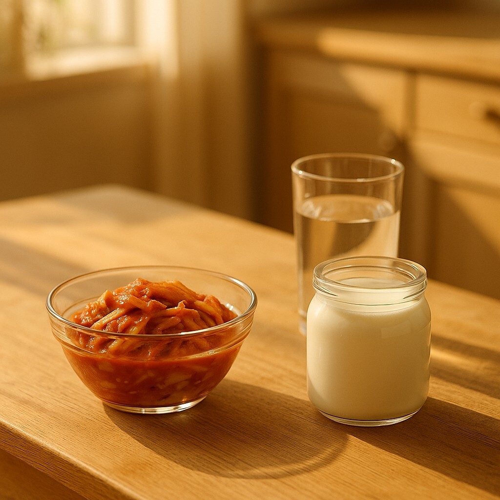 김치 속 유산균 면역력 – 겨울 햇살 속 김치와 요거트, 따뜻한 물이 조화를 이루는 장 건강 이미지