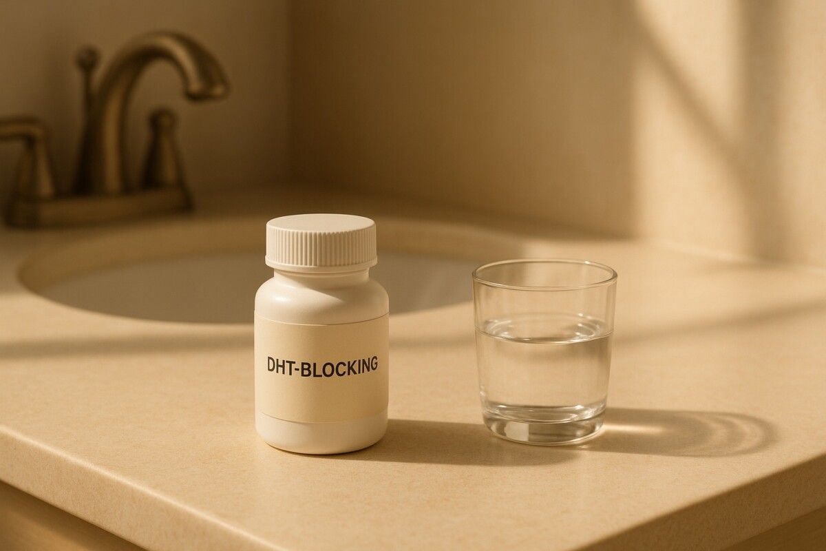 DHT 차단 중심 남성형 탈모 관리 이미지, 약병과 물컵이 놓인 따뜻한 베이지톤 프리미엄 장면