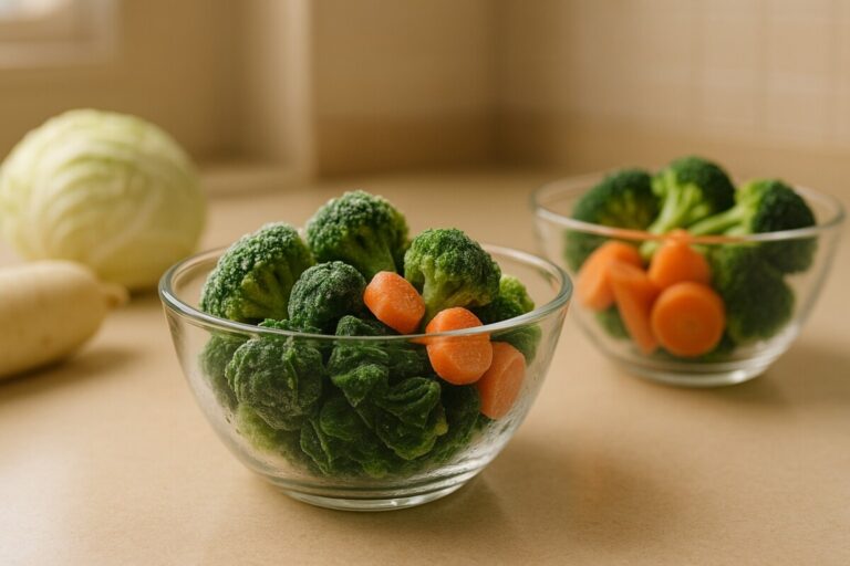 냉동 채소가 신선 채소보다 영양을 잘 보존하는 장면을 표현한 대표 이미지
