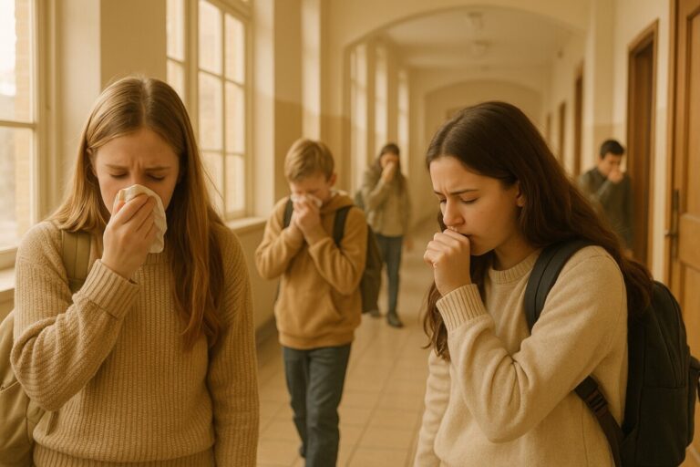 학교를 중심으로 빠르게 번지는 독감을 표현한 이미지