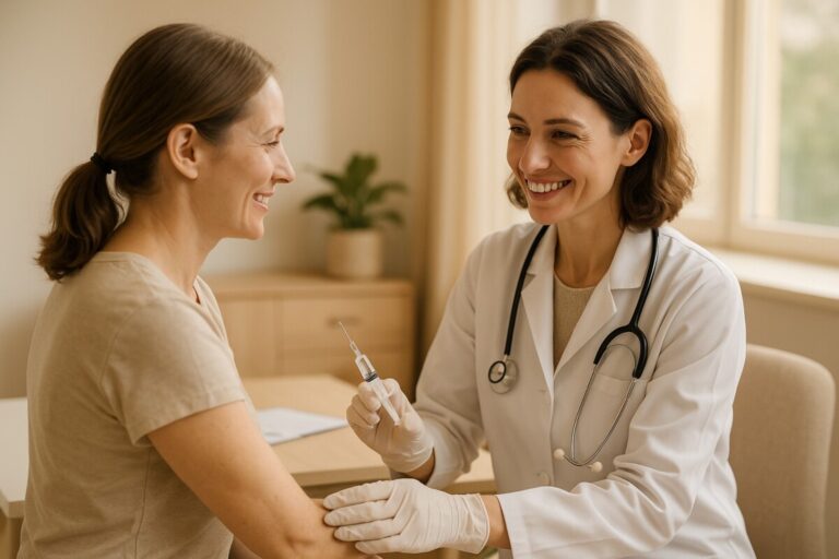 의료진이 독감 예방접종을 준비하며 환자에게 미소 짓는 장면