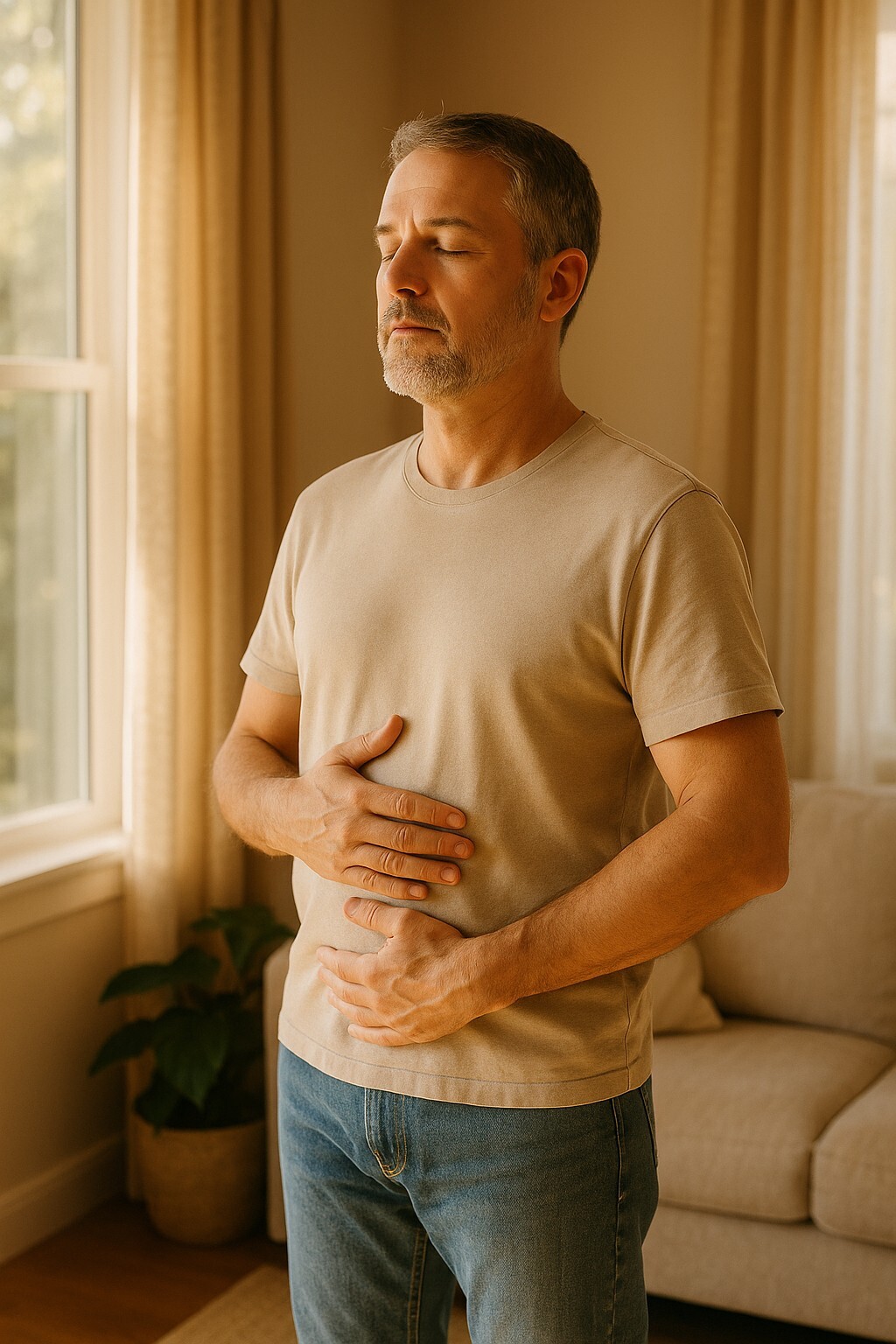 아침 햇살 속에서 복식호흡으로 만성 기침과 복압을 조절하는 중년 남성