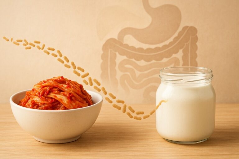 발효식품과 김치 유산균이 장 건강에 작용하는 과학적 원리를 시각화한 이미지
