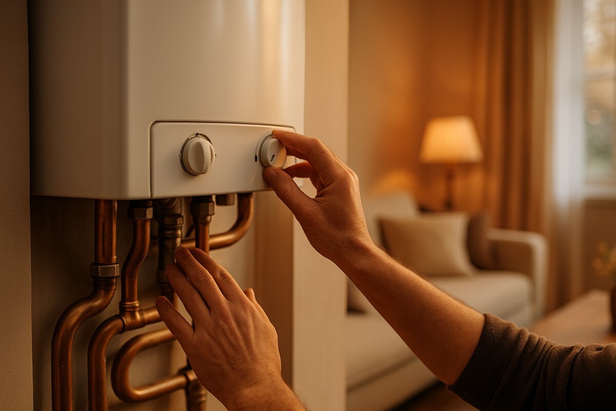 보일러 점검 체크리스트, 난방 전 배관 압력과 밸브를 확인하는 손, 겨울 난방비 절약을 위한 5분 점검 장면