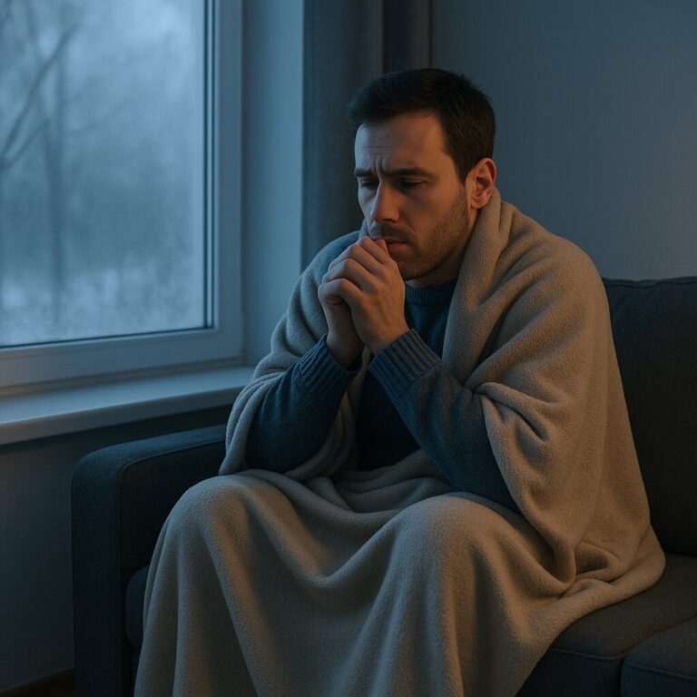 보일러를 켰는데도 방이 안 따뜻할 때, 차가운 겨울 저녁, 담요를 덮고 손을 비비며 따뜻함을 기다리는 남성의 모습.