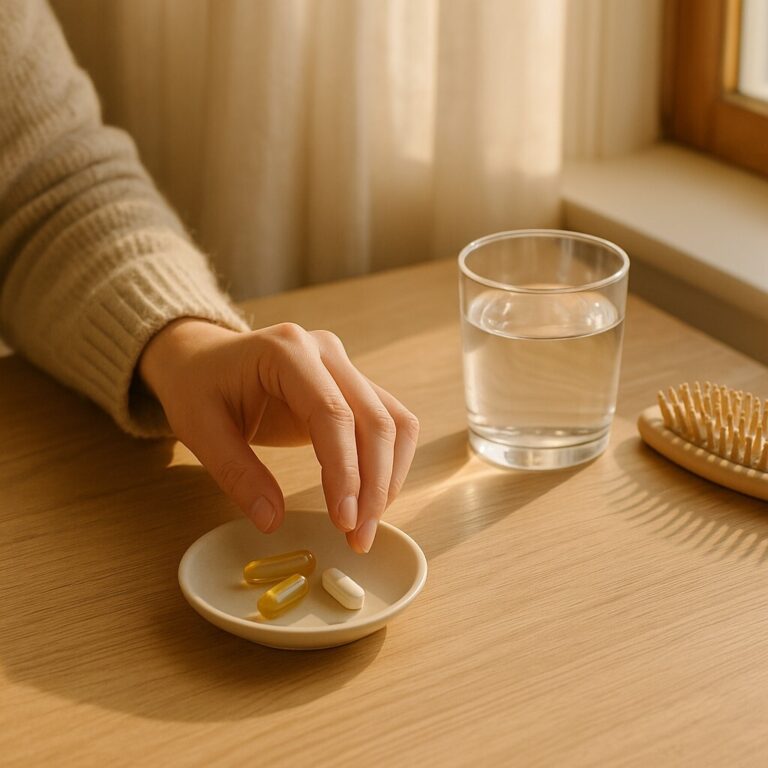 비오틴과 아연이 함께 놓인 따뜻한 베이지톤 프리미엄 건강 이미지, 모발 영양을 상징하는 장면
