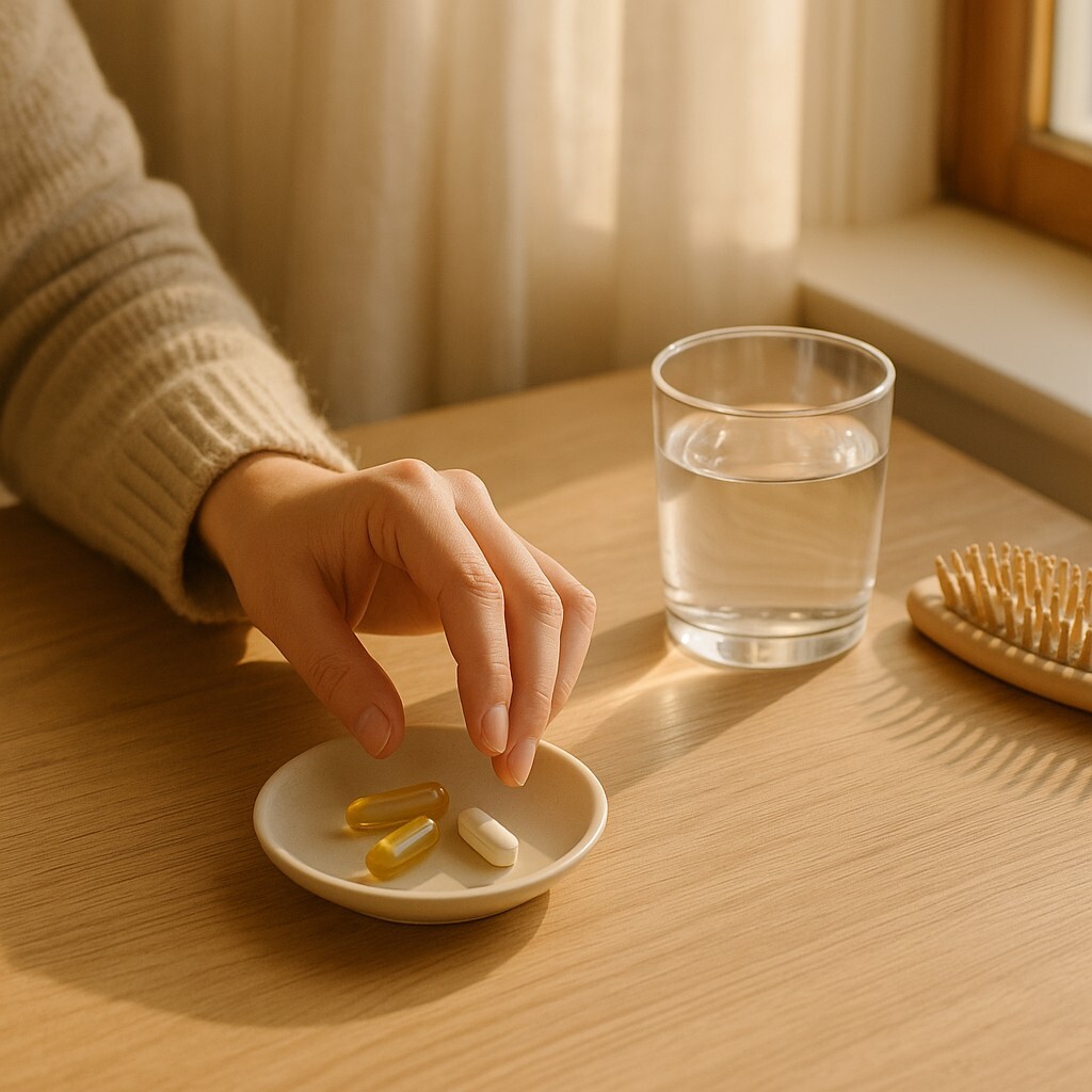 비오틴과 아연이 함께 놓인 따뜻한 베이지톤 프리미엄 건강 이미지, 모발 영양을 상징하는 장면