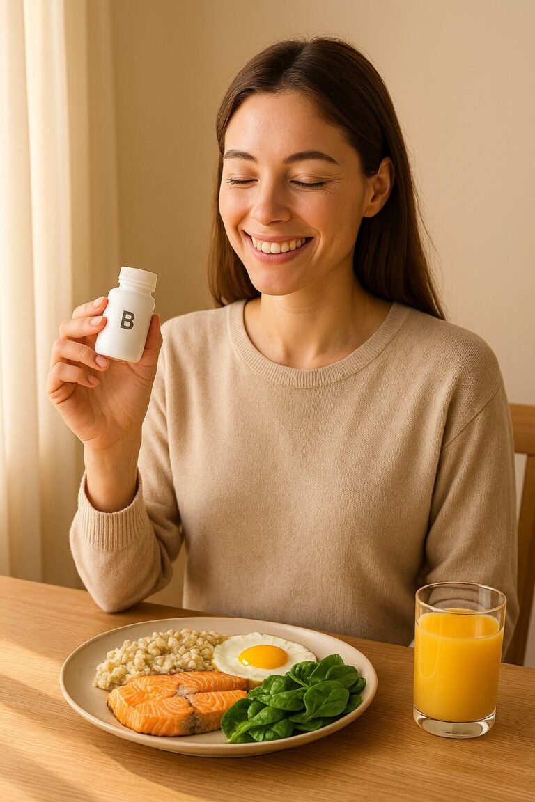 비타민 B 루틴을 상징하는 이미지로, 따뜻한 아침 햇살 아래 오트밀·달걀·연어·시금치 등 비타민 B가 풍부한 식단이 식탁 위에 놓여 있고, 여성이 밝은 표정으로 비타민을 섭취하는 장면