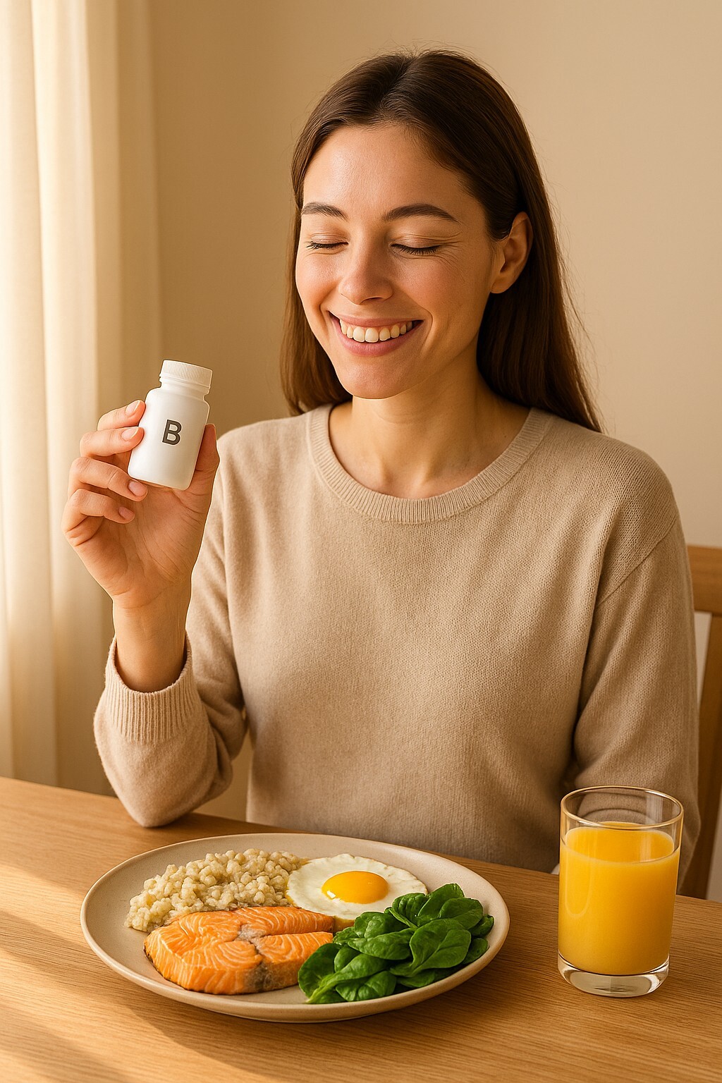 비타민 B 루틴을 상징하는 이미지로, 따뜻한 아침 햇살 아래 오트밀·달걀·연어·시금치 등 비타민 B가 풍부한 식단이 식탁 위에 놓여 있고, 여성이 밝은 표정으로 비타민을 섭취하는 장면