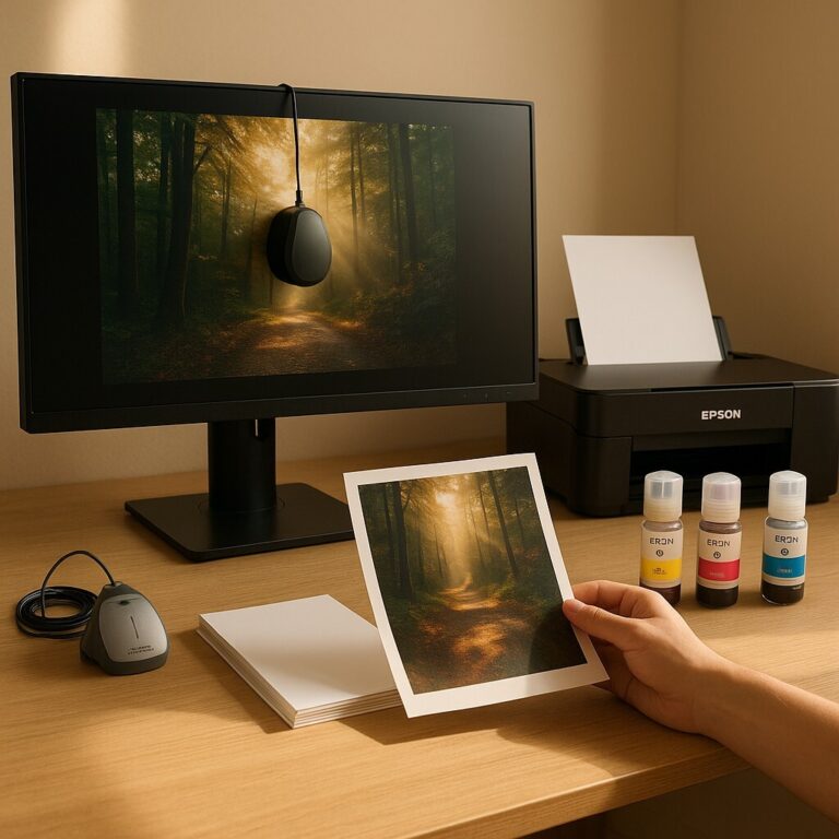 사진 인쇄 색감 맞추는 모니터 캘리브레이션 장면 – 모니터와 인쇄 색상 일치, 프리미엄 색상 관리 작업 공간