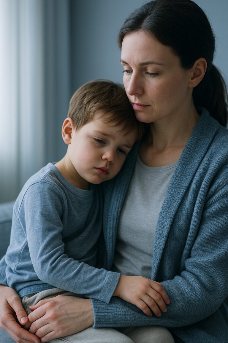 소아 폐렴 전조증상, 아이가 부모에게 기대어 호흡 불편을 보이는 초기 신호를 담은 이미지