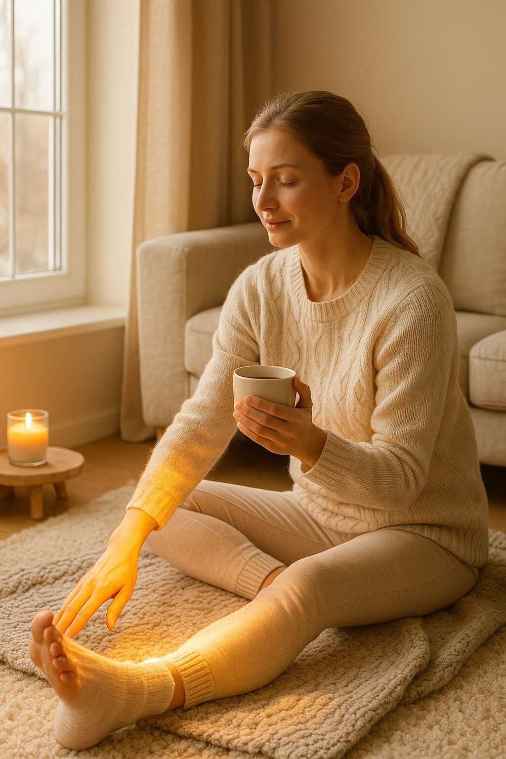 손발이 차가울 때, 베이지톤 겨울 실내에서 따뜻한 차를 마시며 스트레칭을 하는 여성이 혈류를 깨워 체온을 유지하는 장면