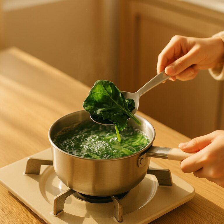 시금치 데치기 시간 영양 보호 장면, 초록빛 시금치를 끓는 물에서 짧게 건져내는 모습, 베이지톤 자연광 주방