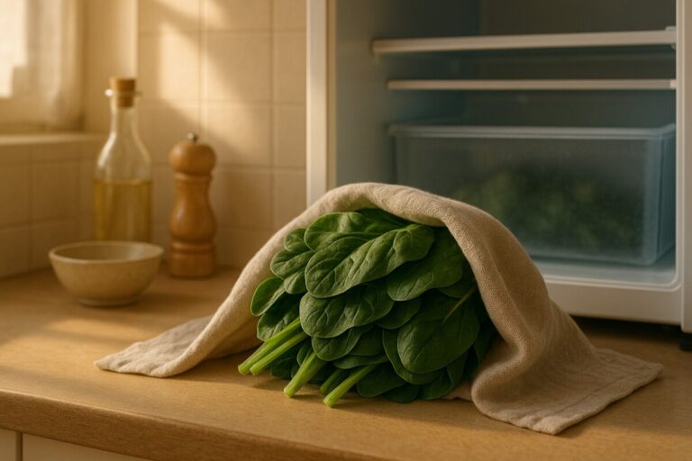 시금치 보관을 보관을 위해 물기를 제거한 시금치를 키친타월에 감싸 채소칸 앞에 둔 모습