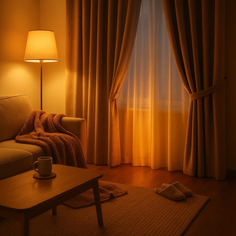 실내 온도가 낮아도 따뜻하게, 겨울 저녁의 거실에서 두꺼운 커튼과 러그로 열 손실을 막고 따뜻한 조명이 퍼지는 공간, 포근하고 안정된 분위기의 프리미엄 생활 정보 장면