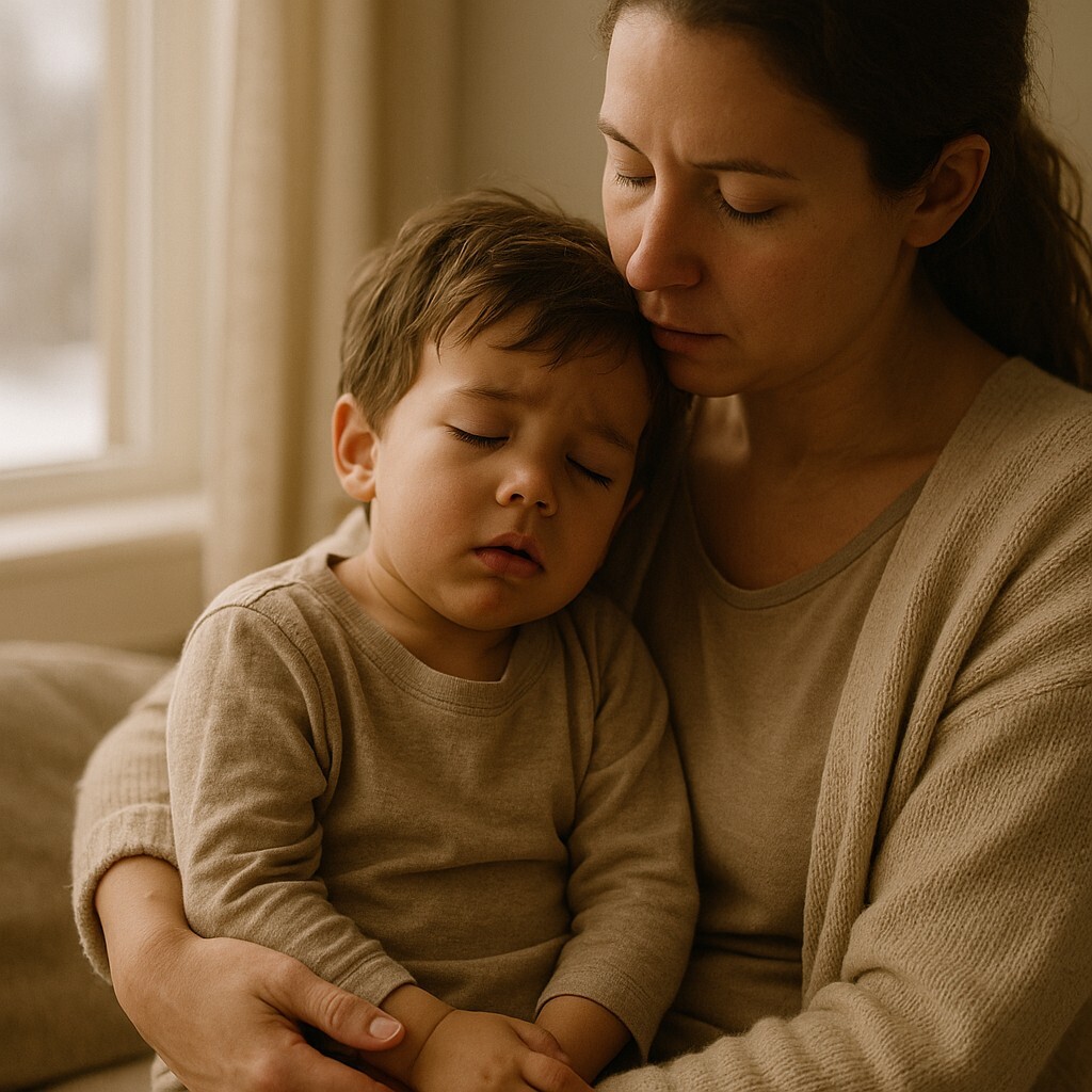아이 감기 독감 구분, 아이의 갑작스러운 피로와 표정 변화를 담은 이미지