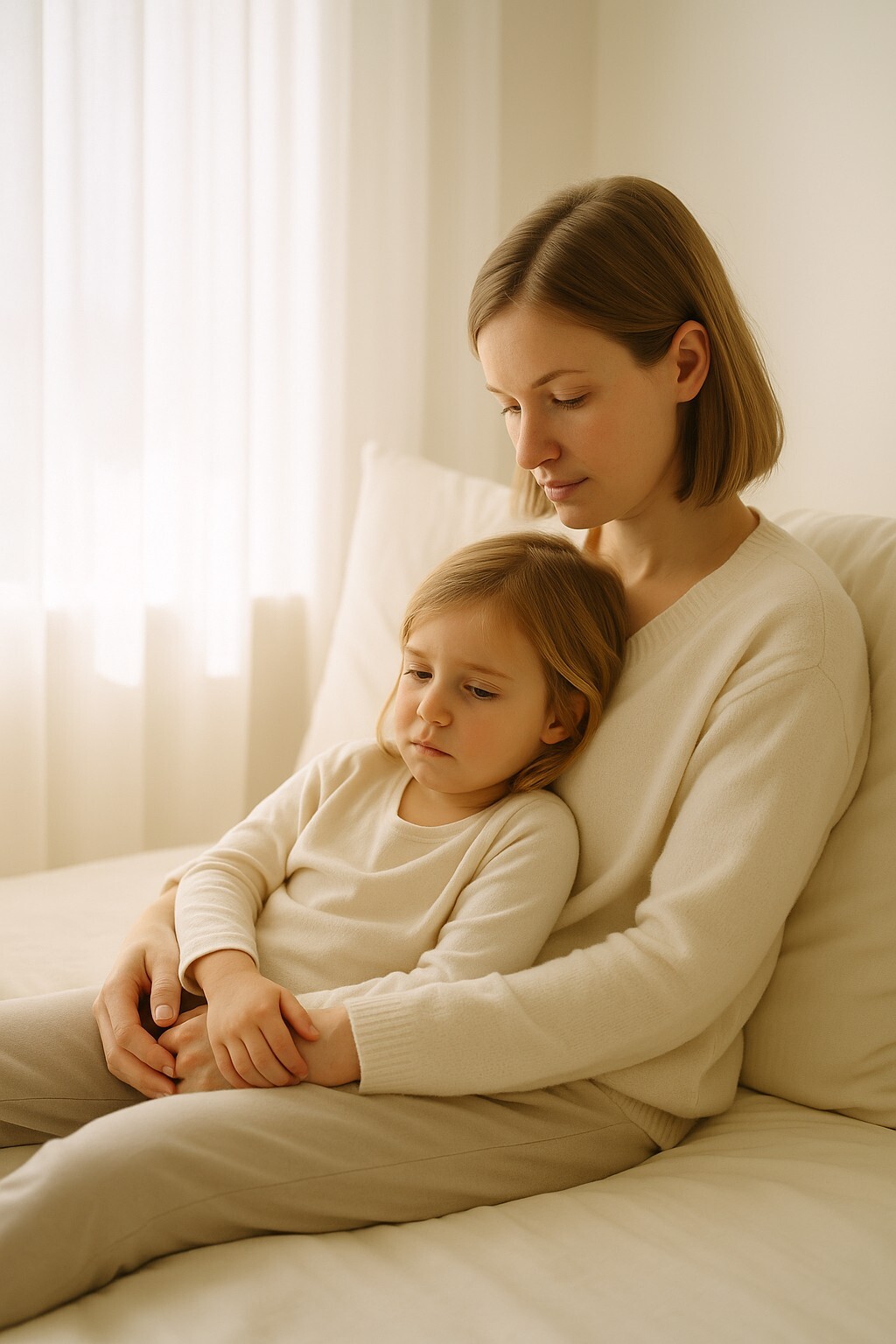 아이 열 40도, 고열로 부모에게 기대어 있는 아이의 초기 불편 신호를 담은 이미지