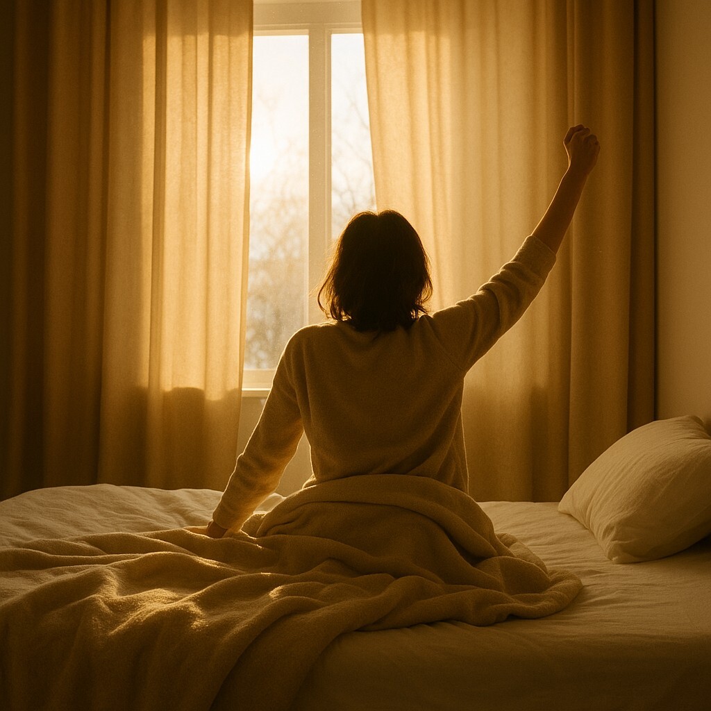 아침에 몸이 무거운 이유, 겨울 아침 햇살 아래 천천히 깨어나는 사람의 모습. 떨어진 체온이 회복되는 따뜻한 각성 장면.