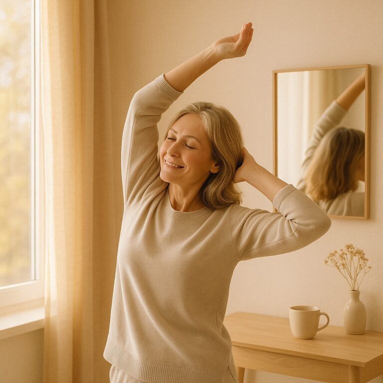 아침 햇살이 비치는 창가에서 가볍게 스트레칭하는 여성의 모습. 여성 호르몬 균형 회복의 평온한 루틴을 표현