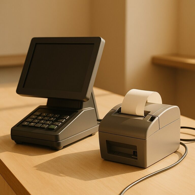 pos 영수증 출력 오류 상황을 보여주는 베이지톤 pos 단말기와 프린터 장면