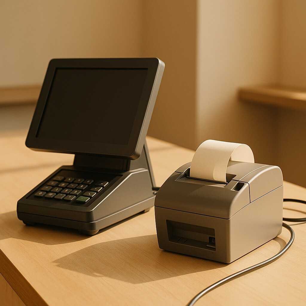 pos 영수증 출력 오류 상황을 보여주는 베이지톤 pos 단말기와 프린터 장면