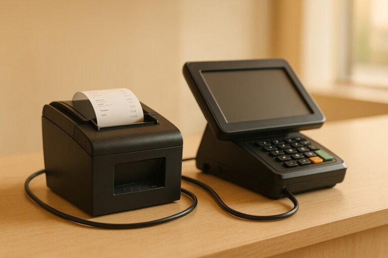 영수증 프린터 줄 밀림 문제를 보여주는 POS 단말기와 영수증 프린터 장면