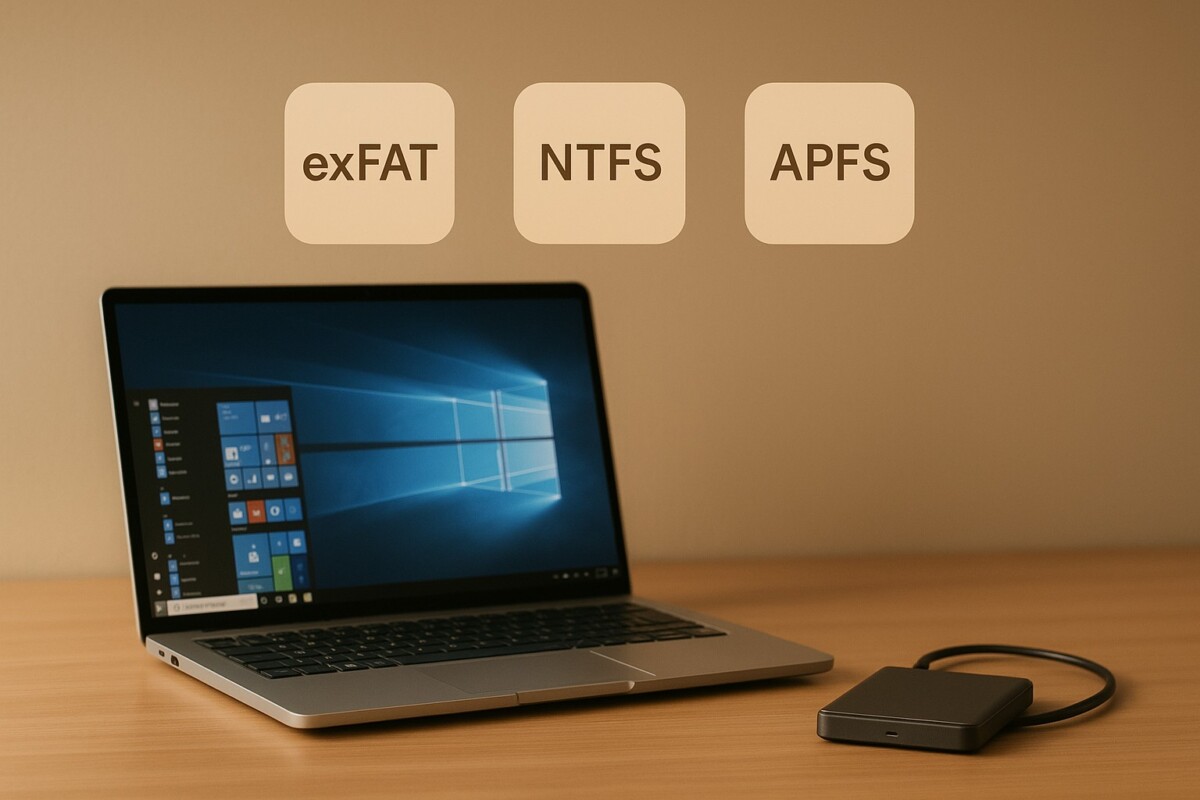 외장 SSD 포맷 방법과 exFAT·NTFS·APFS 차이를 표현한 이미지