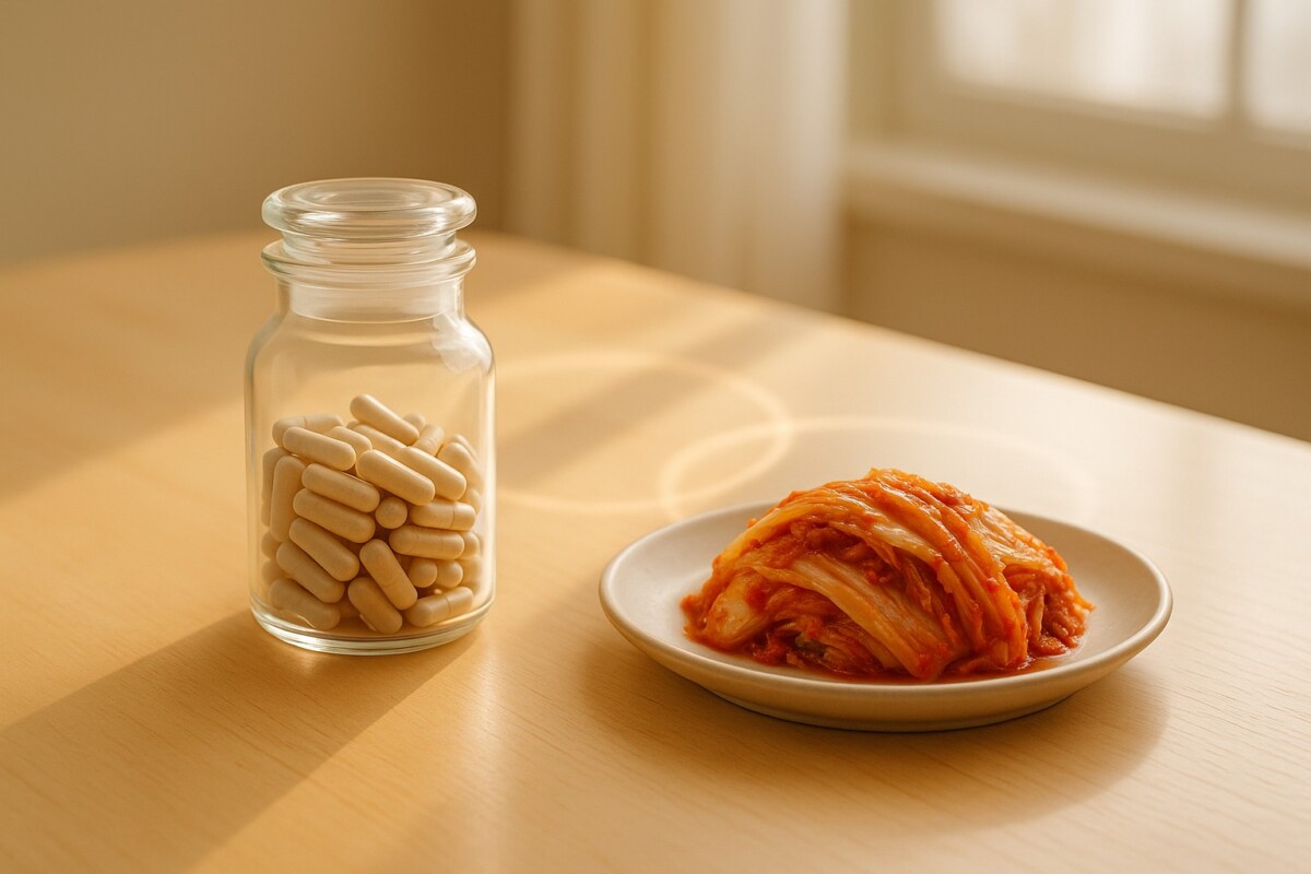 유산균 장 건강을 상징하는 캡슐과 김치가 놓인 장면